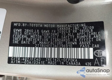 2010 Toyota Corolla Le из США, поврежденный, VIN 2T1BU4EE3AC296910